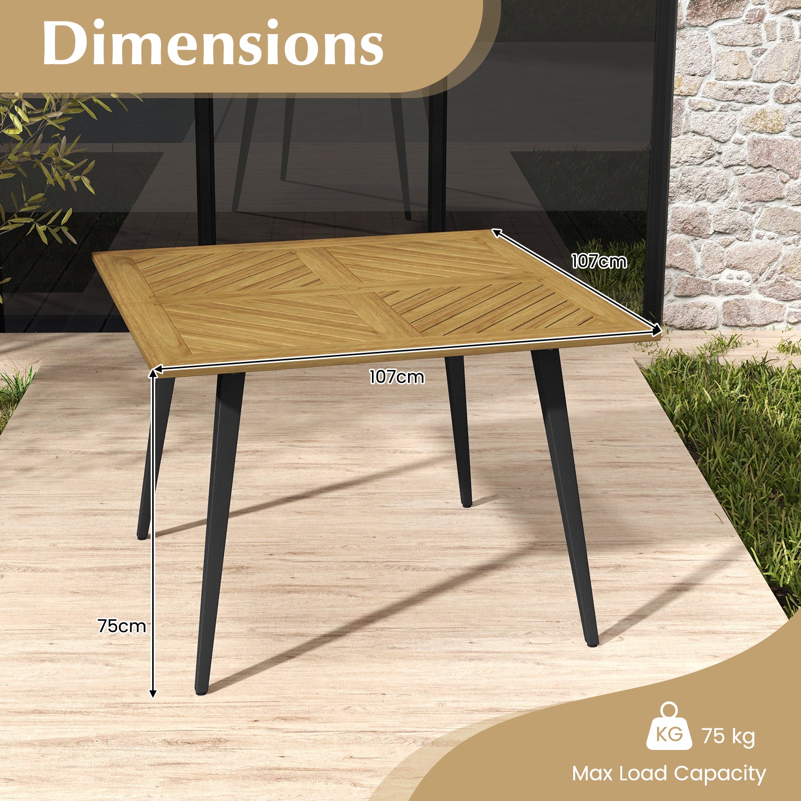 4-Person Acacia Wood Patio Table with Metal Legs