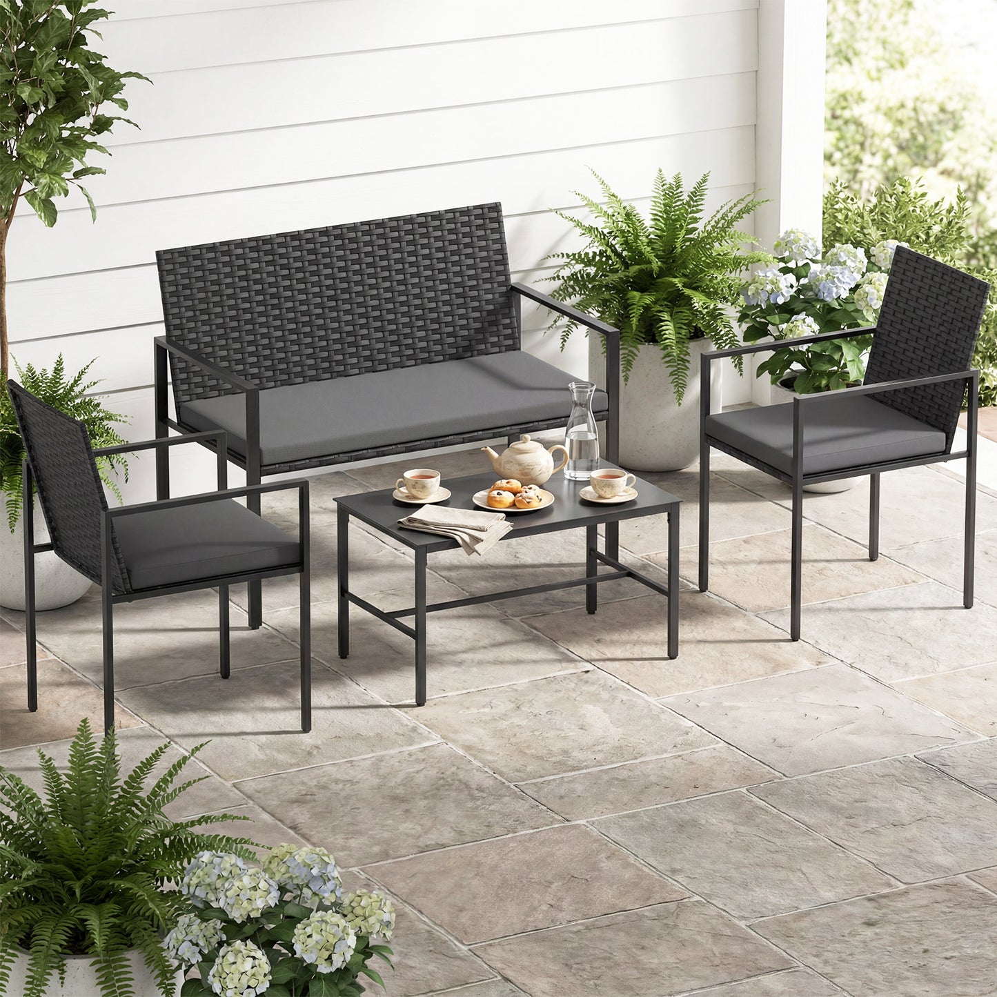 4-Piece Outdoor Rattan Chairs and Loveseat with Tempered Glass Coffee Table for Backyard-Grey