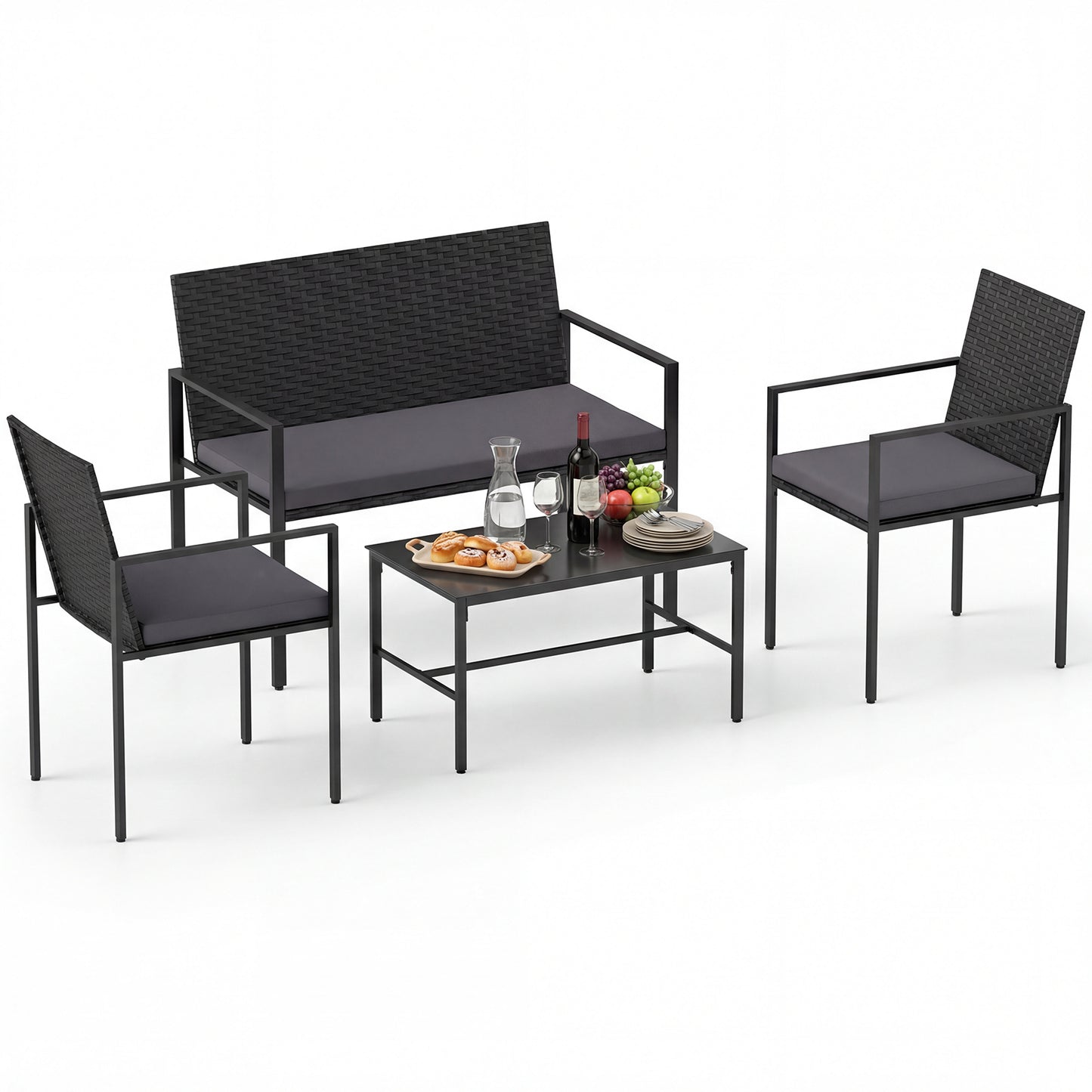 4-Piece Outdoor Rattan Chairs and Loveseat with Tempered Glass Coffee Table for Backyard-Grey