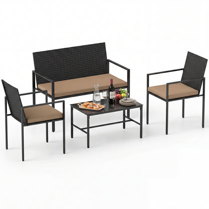 4-Piece Outdoor Rattan Chairs and Loveseat with Tempered Glass Coffee Table for Backyard-Yellow