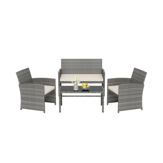 4 Piece Patio Conversation Set Rattan Chair Loveseat and Table Set with Seat Cushions-White
