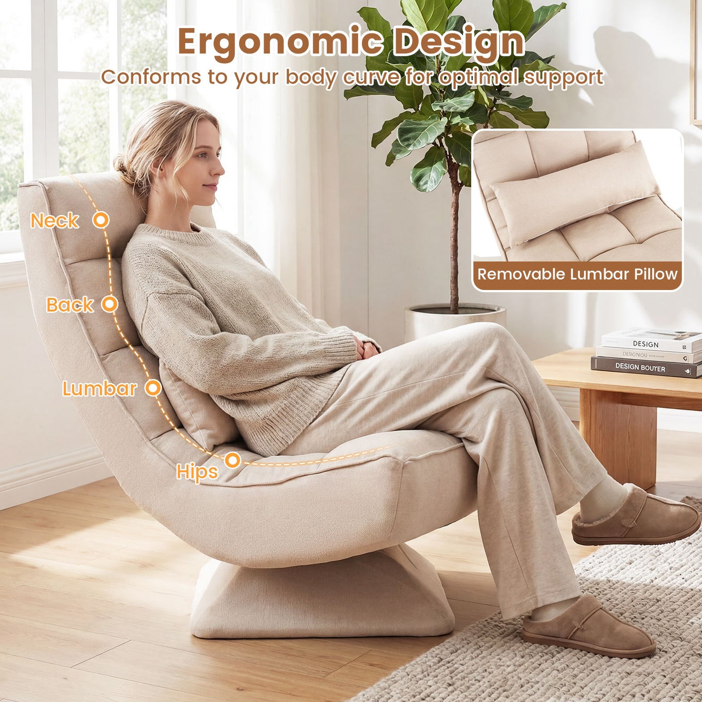 4-Position Adjustable Floor Chair with Swivel Base-Beige