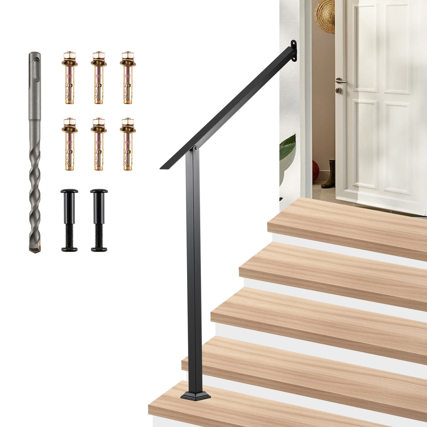 4 Step Wall Mount Stair Handrail Heavy-Duty Adjustable Galvanized Steel Railing with Installation Kit for Concrete