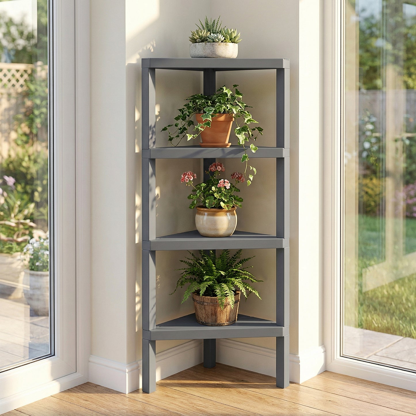 4-Tier Corner Shelf Stand with Open Slatted Shelves-Grey