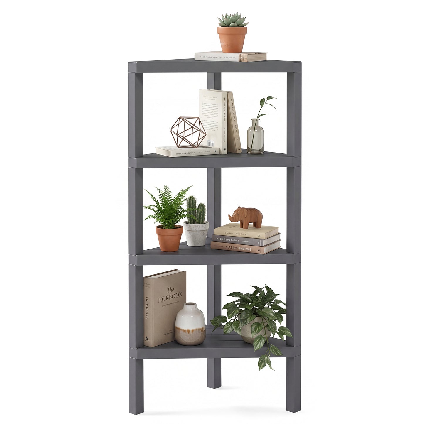 4-Tier Corner Shelf Stand with Open Slatted Shelves-Grey