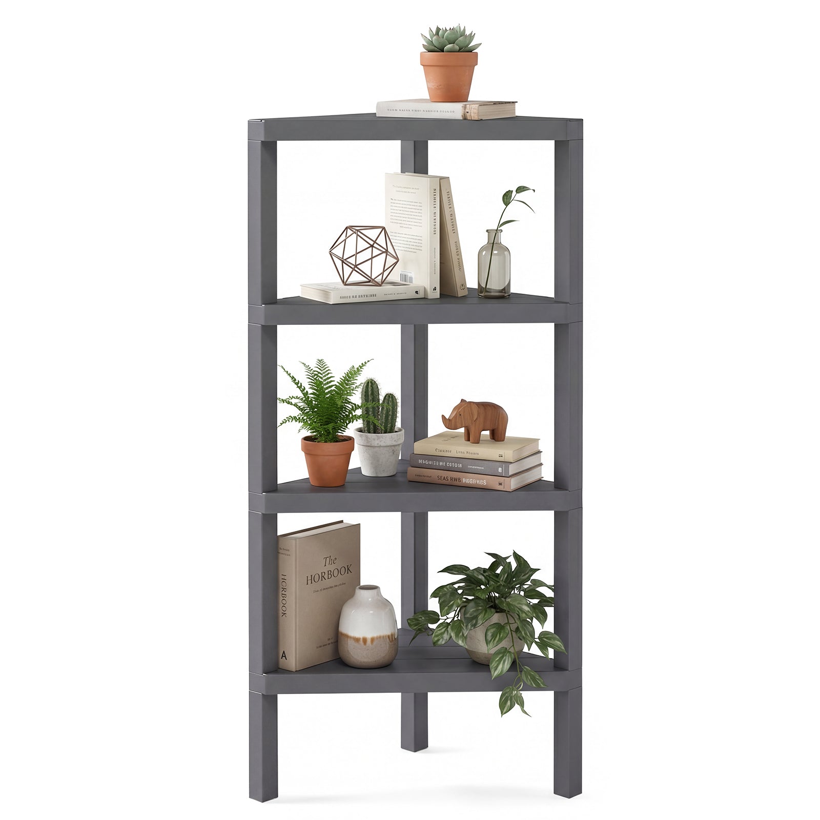 4-Tier Corner Shelf Stand with Open Slatted Shelves-Grey