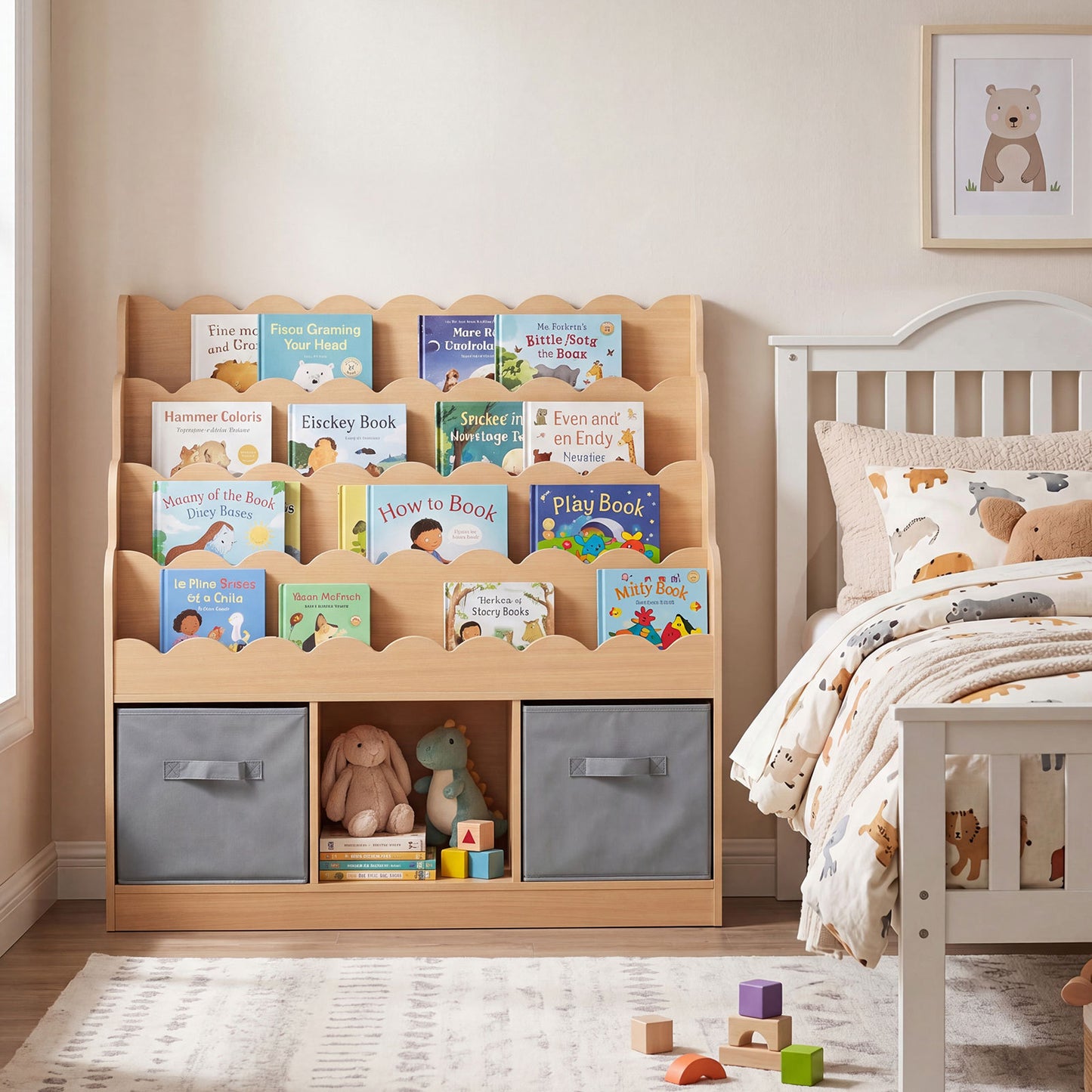 4-Tier Kids Bookshelf and Toy Storage with 2 Foldable Fabric Drawers-Natural