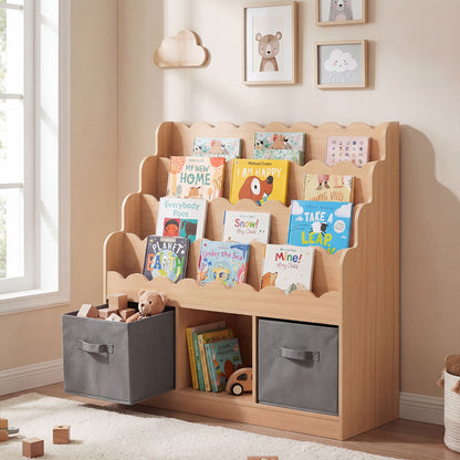 4-Tier Kids Bookshelf and Toy Storage with 2 Foldable Fabric Drawers-Natural