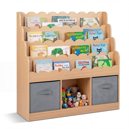 4-Tier Kids Bookshelf and Toy Storage with 2 Foldable Fabric Drawers-Natural
