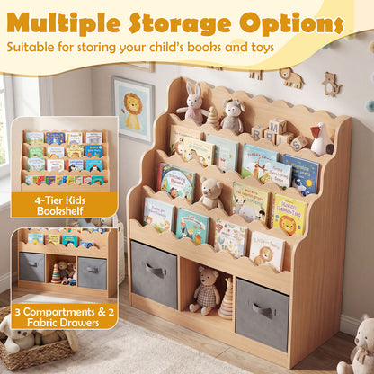 4-Tier Kids Bookshelf and Toy Storage with 2 Foldable Fabric Drawers-Natural