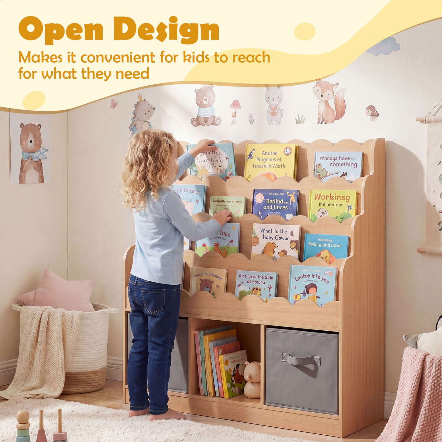 4-Tier Kids Bookshelf and Toy Storage with 2 Foldable Fabric Drawers-Natural