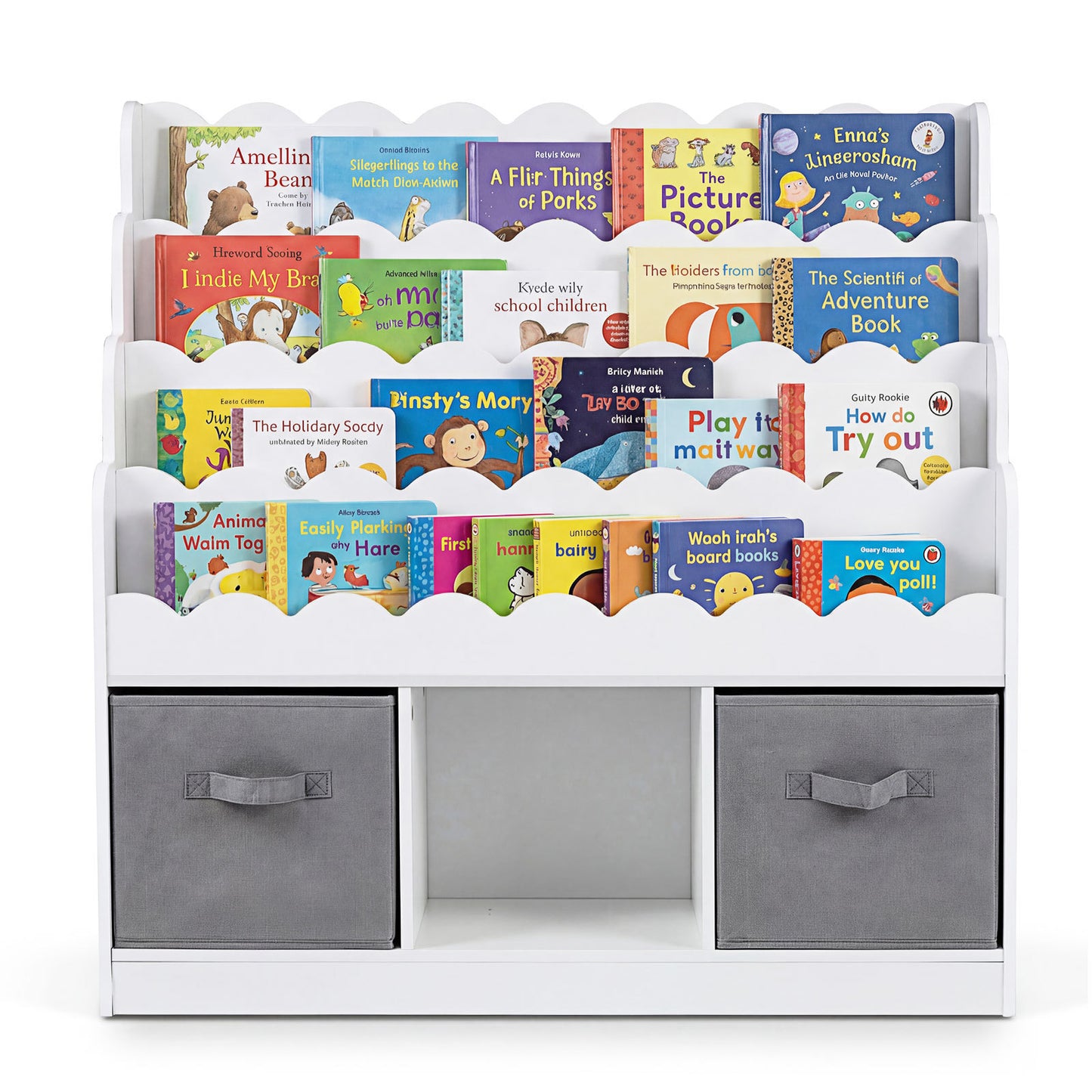 4-Tier Kids Bookshelf and Toy Storage with 2 Foldable Fabric Drawers-White