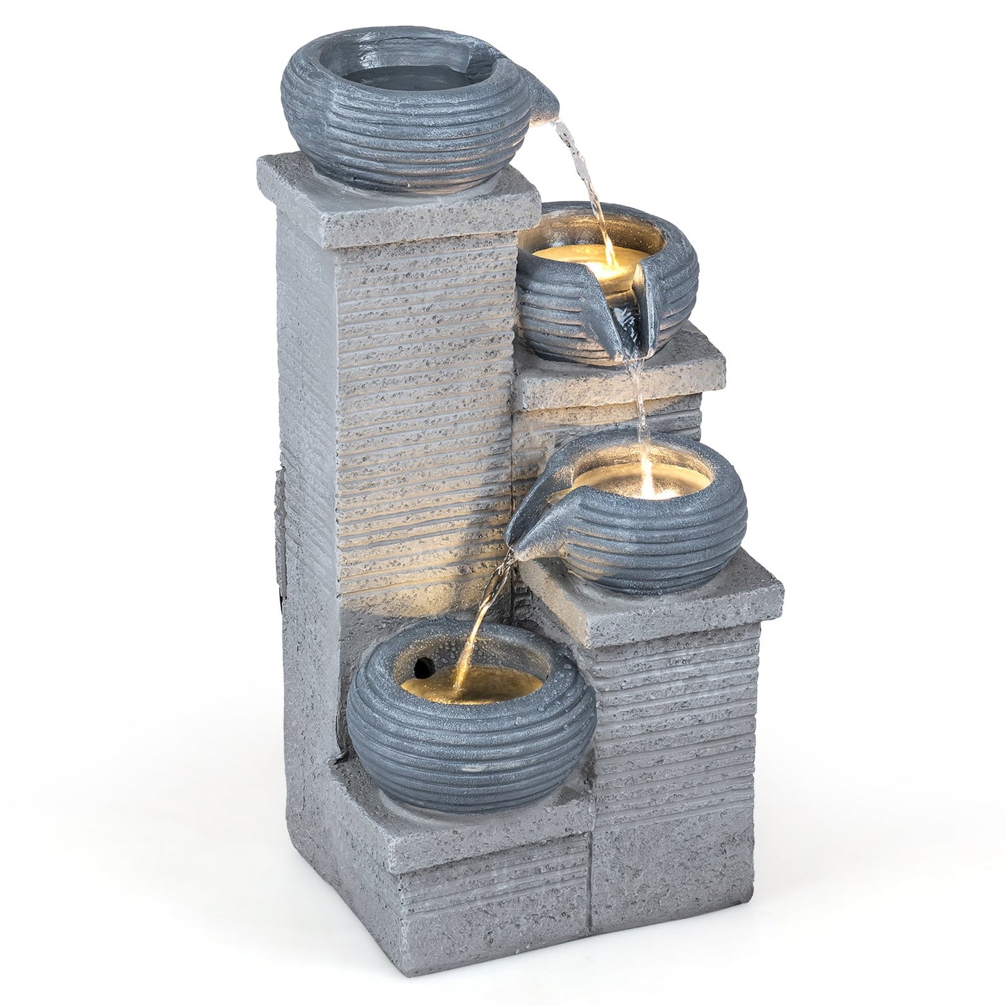 4-Tier Outdoor Water Fountain Cascading Bowl Waterfall Fountain with LED Lights and Pump