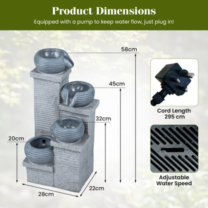 4-Tier Outdoor Water Fountain Cascading Bowl Waterfall Fountain with LED Lights and Pump
