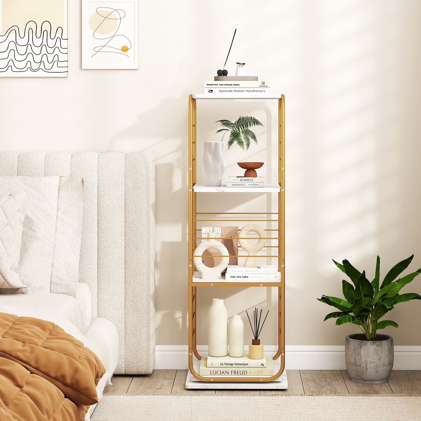 4-Tier Rotating Bookshelf 360° Spinning Bookcase Tower-Golden