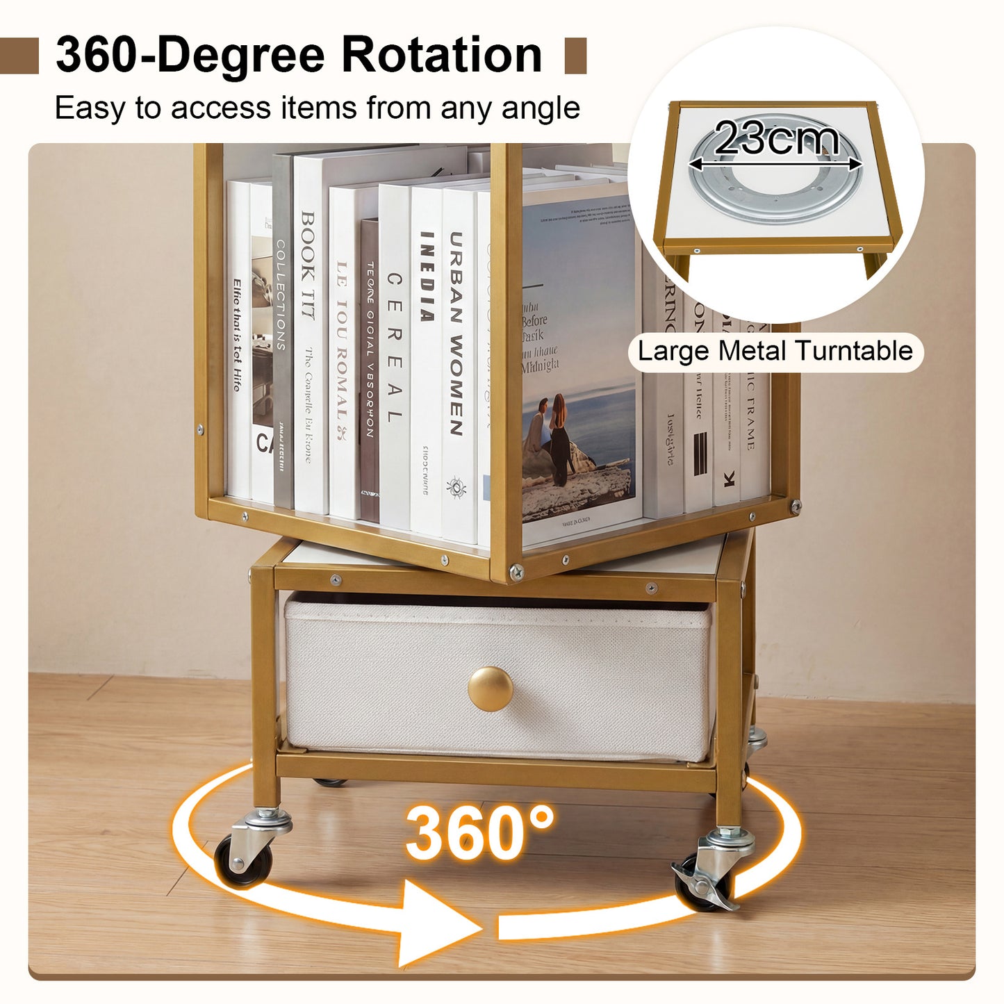 4-Tier Rotating Bookshelf on Wheels for Living Room Office-White