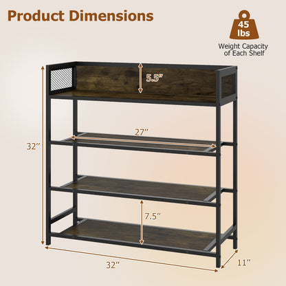 4-Tier Shoe Rack Industrial Shoe Organizer with Heavy Duty Metal Frame-Brown