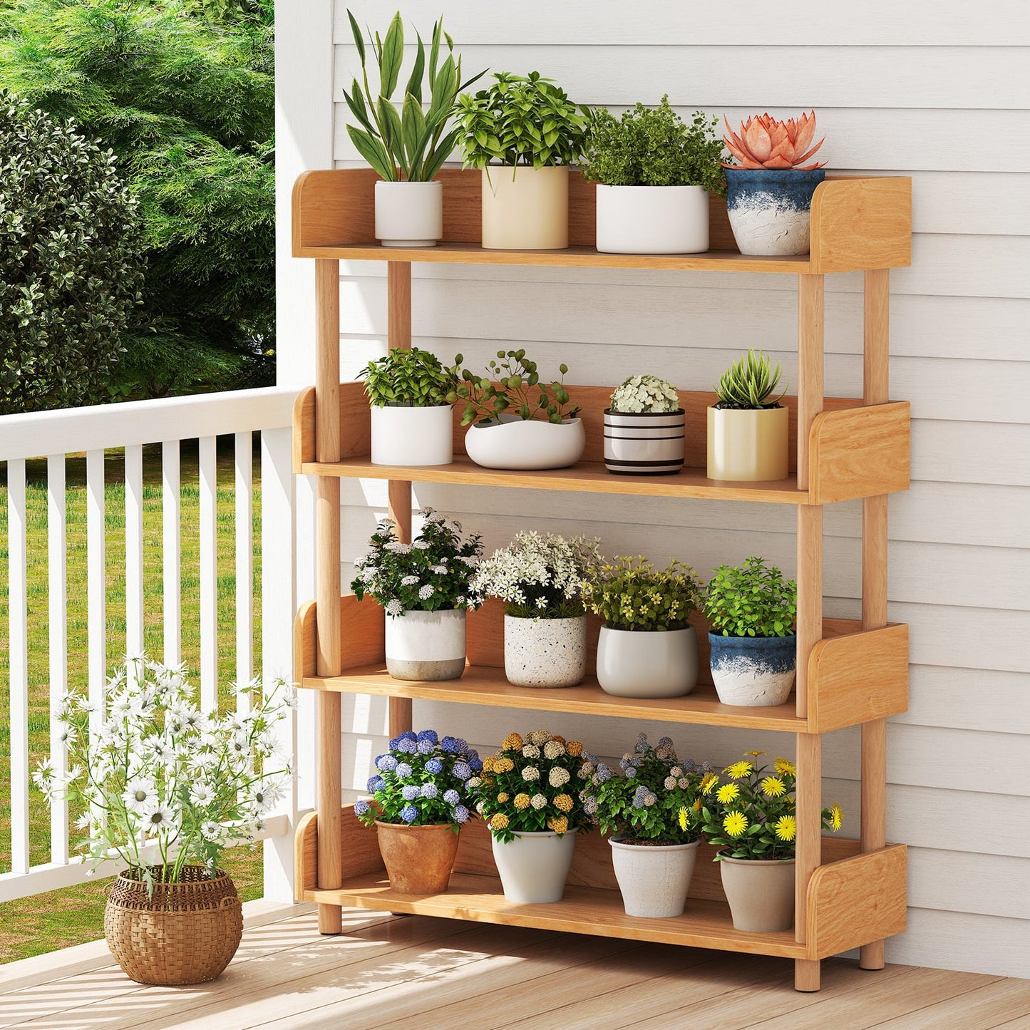 4-Tier Wooden Bookshelf with Sturdy Pine Wood Posts and Elevated Guardrails for Living Room-Natrual