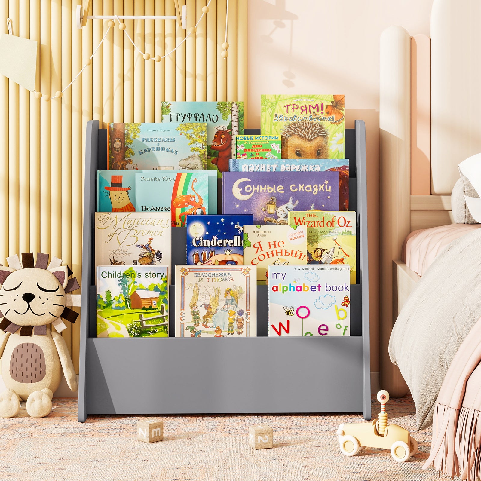 4-Tier Kids Bookshelf with Deep Compartments for Kids Bedroom-Grey