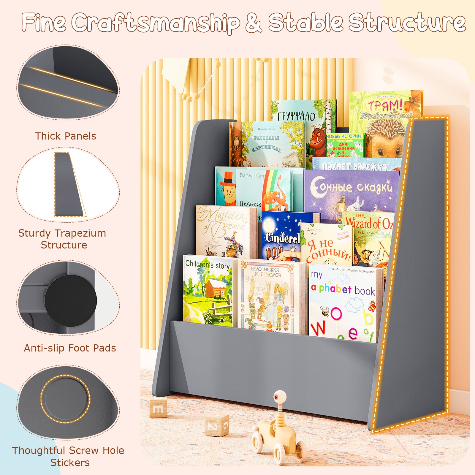 4-Tier Kids Bookshelf with Deep Compartments for Kids Bedroom-Grey