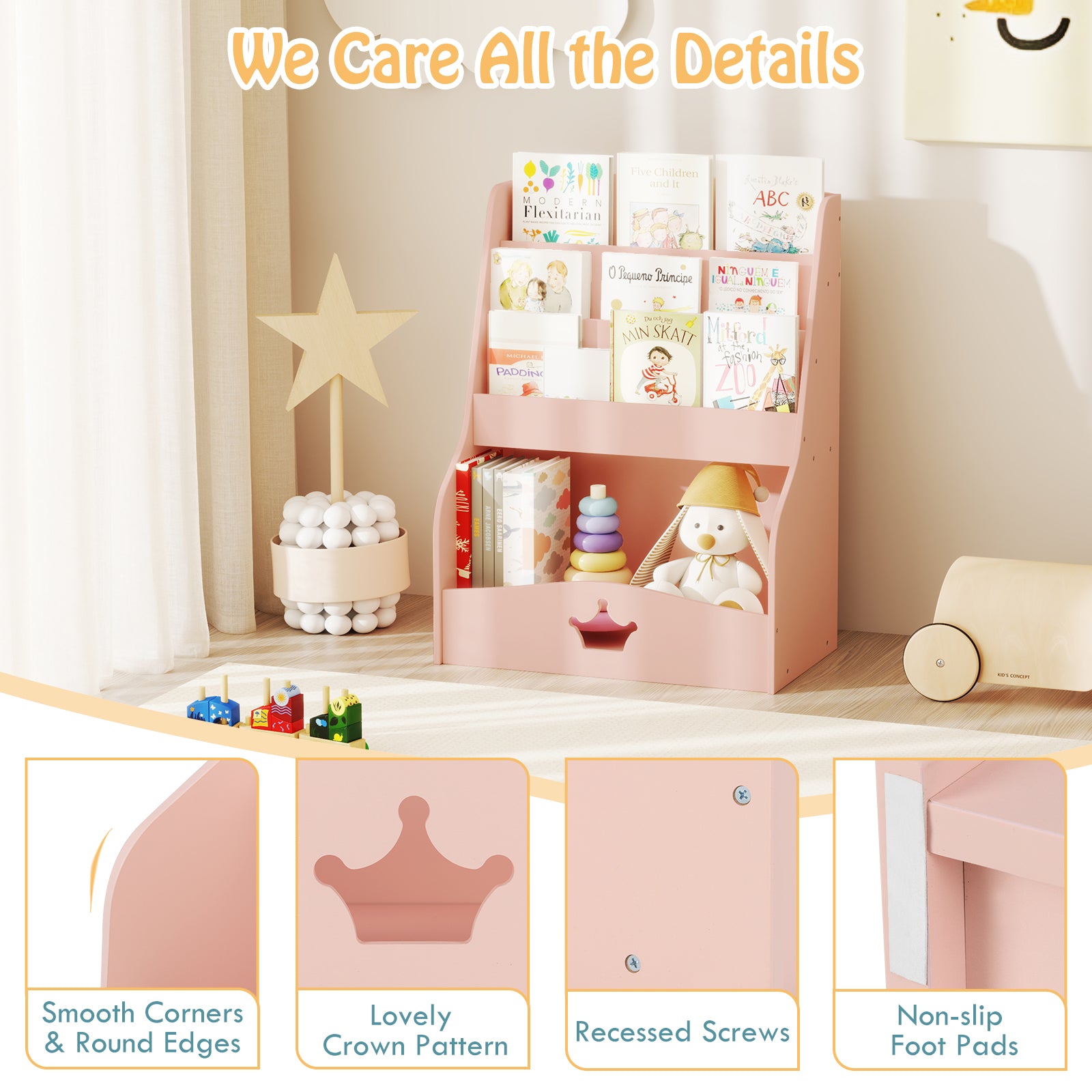 4-Tier Wooden Kids Bookshelf Bookcase Toy Storage Organizer-Pink