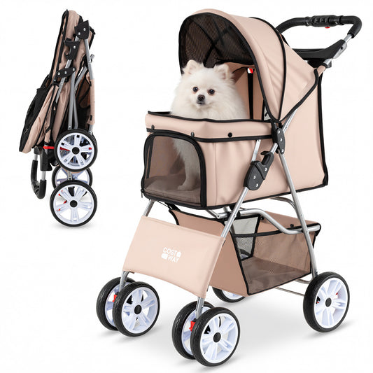 4-Wheel Pet Foldable Stroller with Breathable Mesh for Small Dogs Cats up to 15 KG-Beige