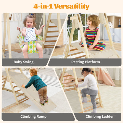 4-in-1 Kids Indoor Jungle Gym Playground with Baby Swing and Climbing Ramp-Natural