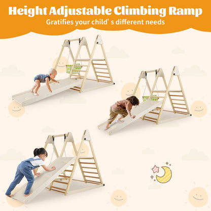 4-in-1 Kids Indoor Jungle Gym Playground with Baby Swing and Climbing Ramp-Natural
