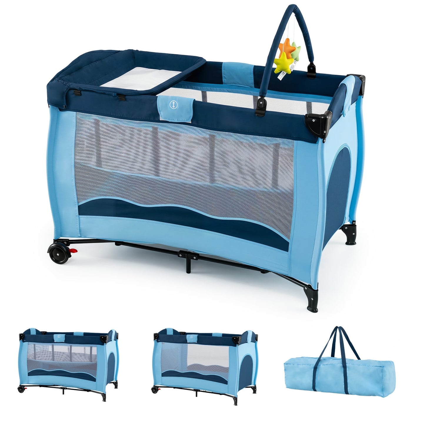 4 in 1 Pack and Play Foldable and Portable Baby Playard with Diaper Changing Table and 3 Hanging Toys-Blue