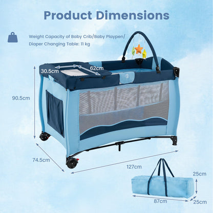 4 in 1 Pack and Play Foldable and Portable Baby Playard with Diaper Changing Table and 3 Hanging Toys-Blue