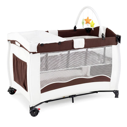 4 in 1 Pack and Play Foldable and Portable Baby Playard with Diaper Changing Table and 3 Hanging Toys-Brown