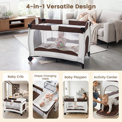 4 in 1 Pack and Play Foldable and Portable Baby Playard with Diaper Changing Table and 3 Hanging Toys-Brown