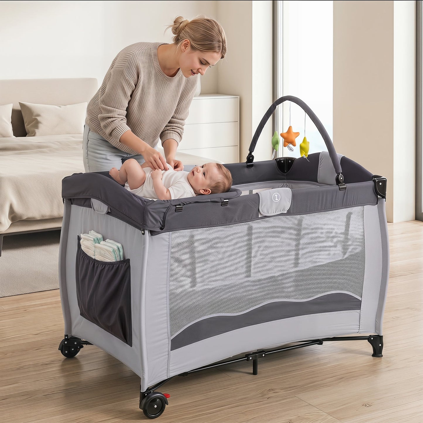 4 in 1 Pack and Play Foldable and Portable Baby Playard with Diaper Changing Table and 3 Hanging Toys-Grey