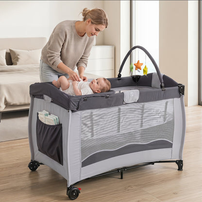 4 in 1 Pack and Play Foldable and Portable Baby Playard with Diaper Changing Table and 3 Hanging Toys-Grey
