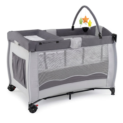 4 in 1 Pack and Play Foldable and Portable Baby Playard with Diaper Changing Table and 3 Hanging Toys-Grey