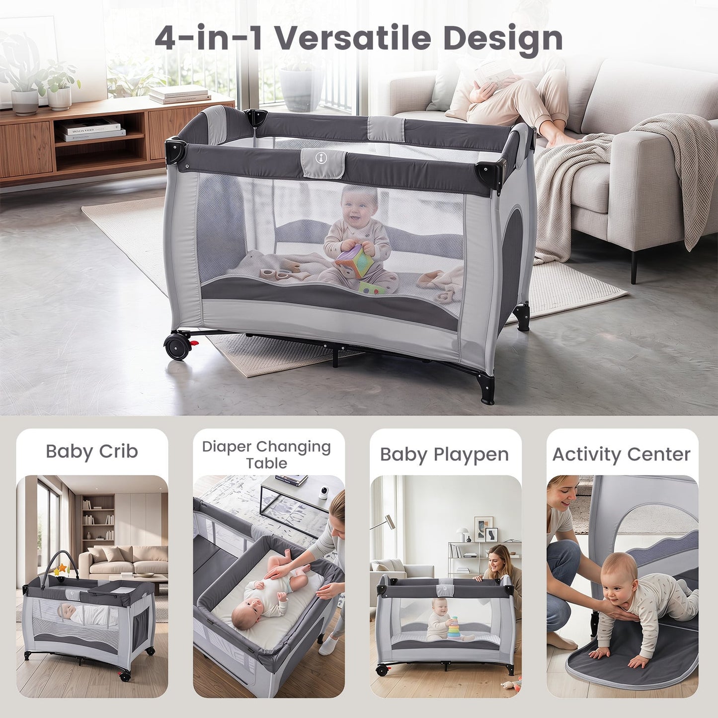4 in 1 Pack and Play Foldable and Portable Baby Playard with Diaper Changing Table and 3 Hanging Toys-Grey