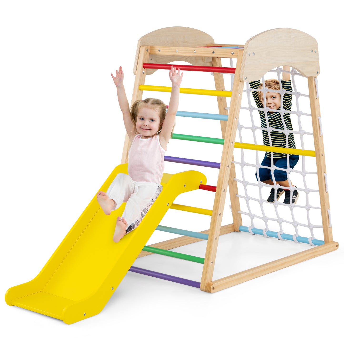 4-in-1 Jungle Gym Wooden Indoor Toddler Playground with Slide-Colourful