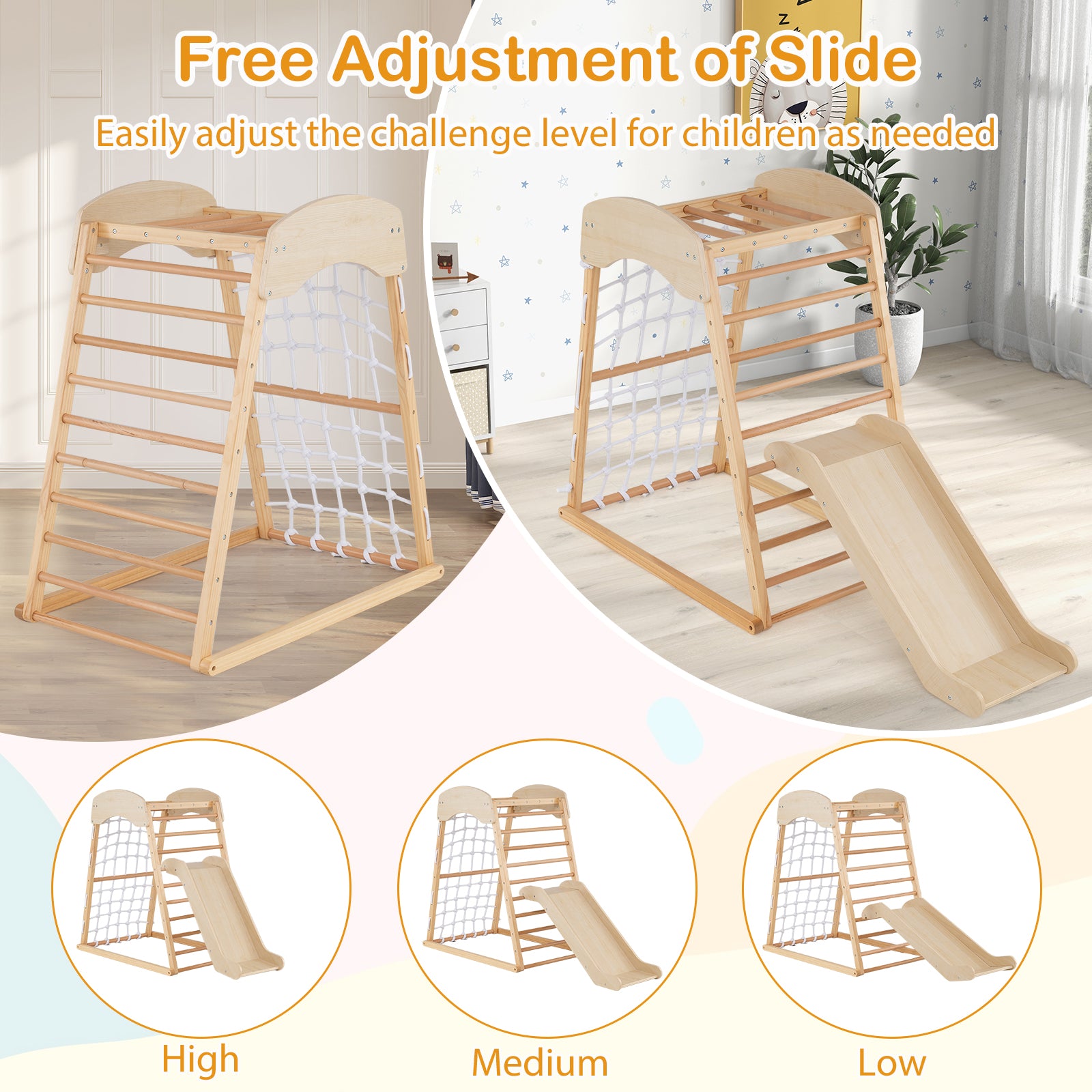 4-in-1 Jungle Gym Wooden Indoor Toddler Playground with Slide-Natural