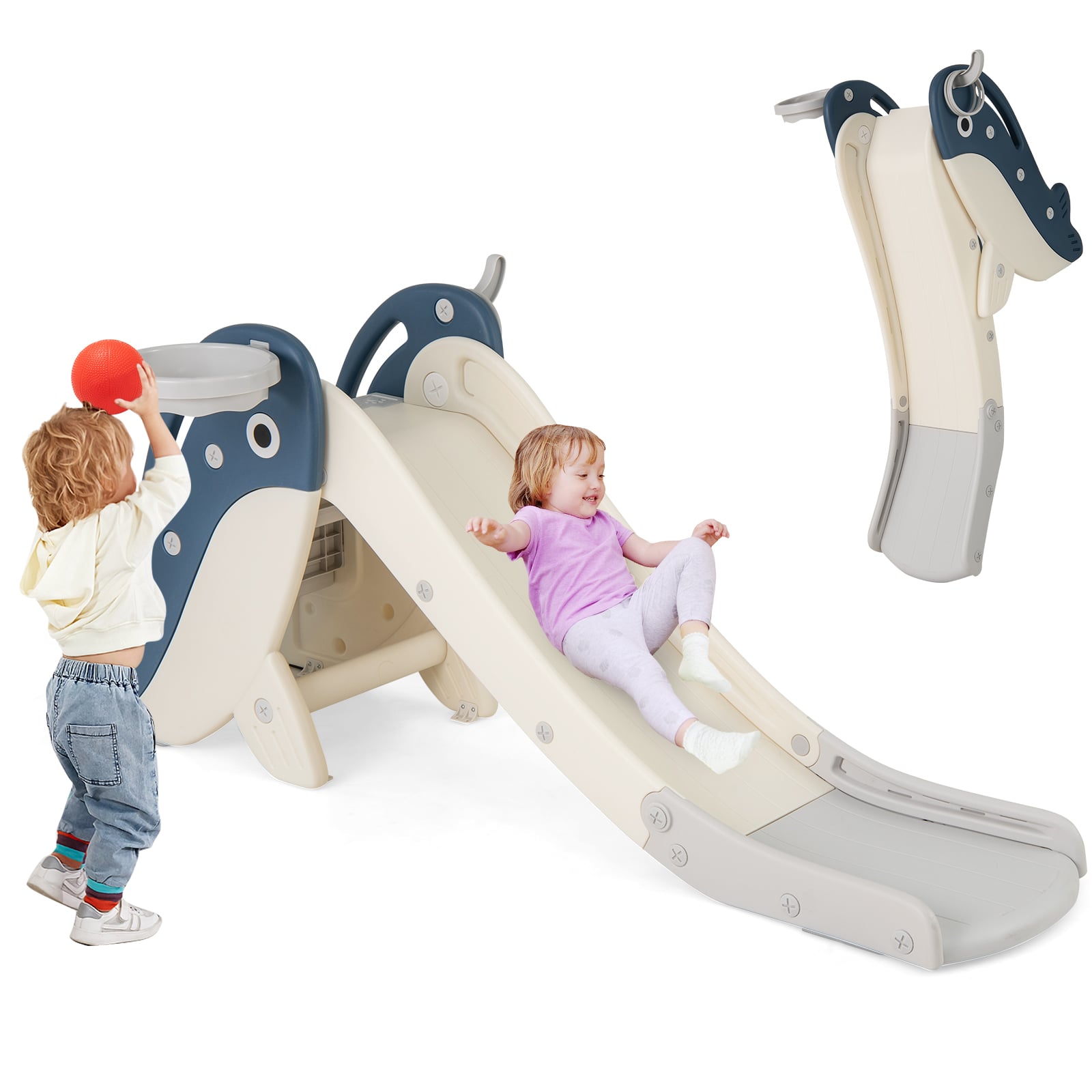 4-in-1 Toddler Slide with Basketball Hoop and Space-saving Folding Design-Blue
