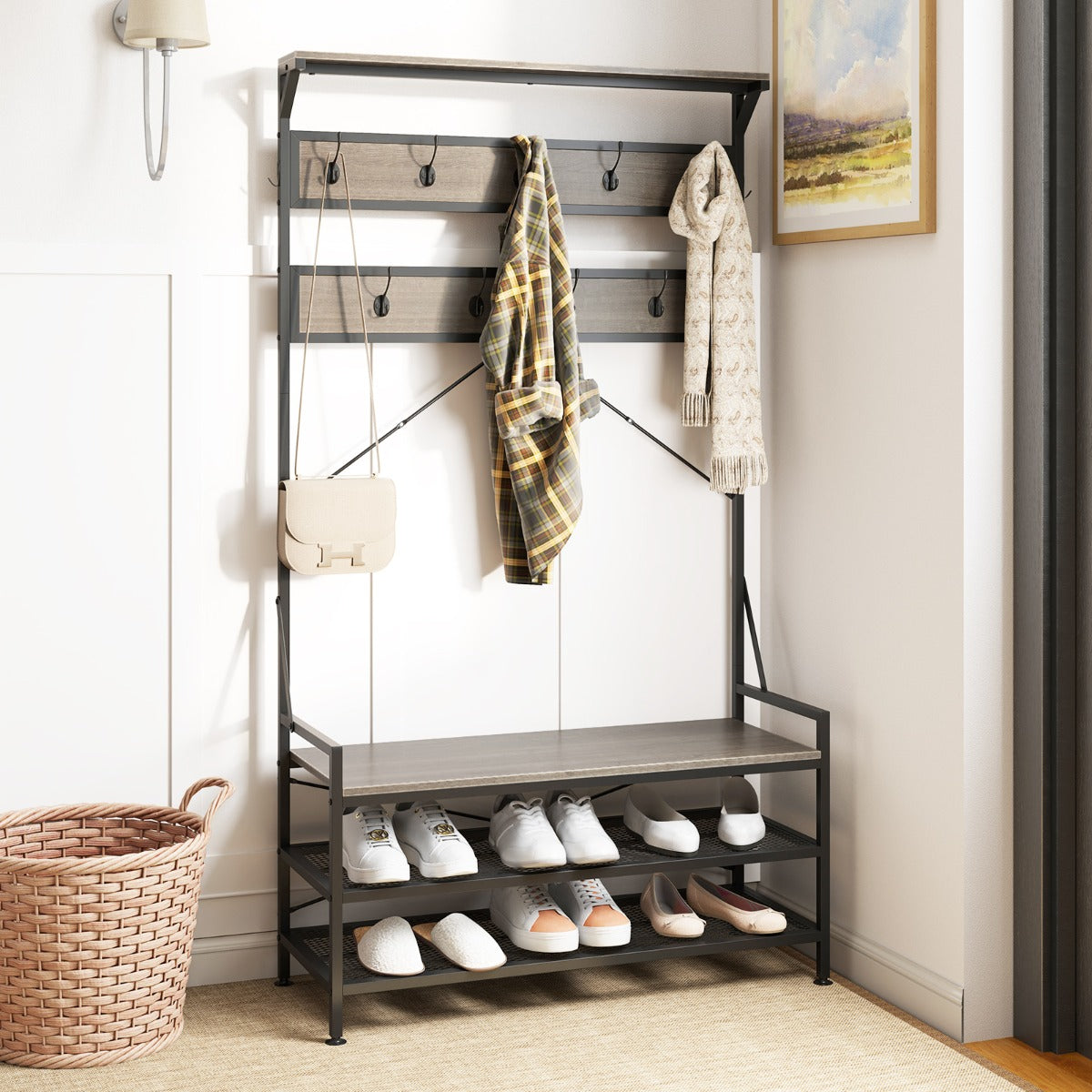 4-In-1 Coat Rack with 11 Hanging Hooks and Shoe Bench for Mudroom-Grey