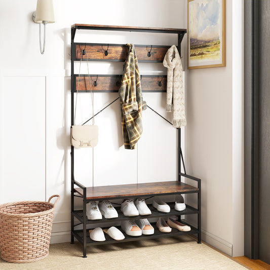 4-In-1 Coat Rack with 11 Hanging Hooks and Shoe Bench for Mudroom-Rustic Brown