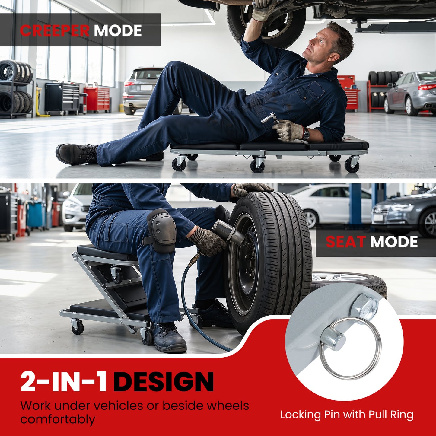 40" 2-in-1 Mechanic Creeper & Z-Seat with 6 Swivel Casters-Black and Gray