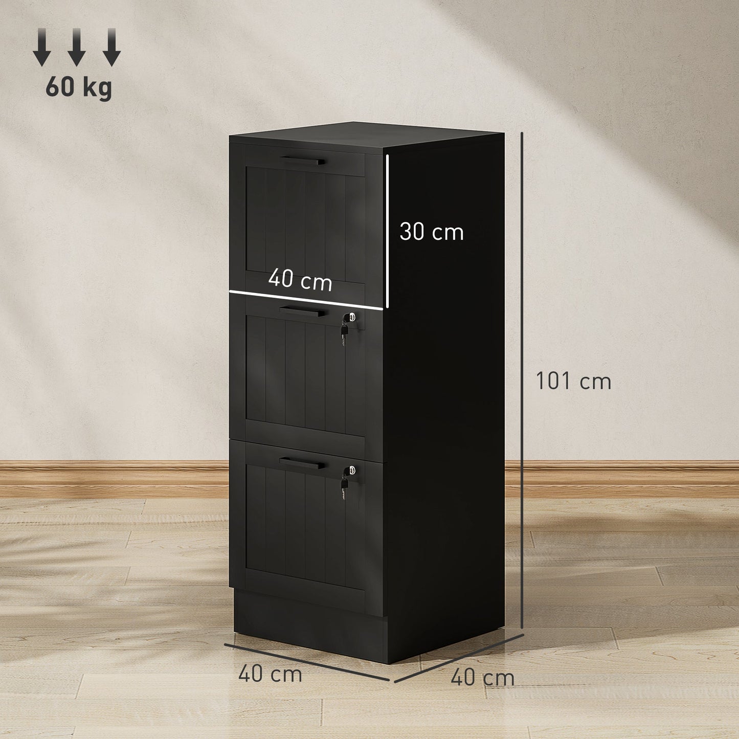HOMCOM 3 Drawer Filing Cabinet with Lock, Office Storage Cabinet with Adjustable Hanging Bars for A4 Letter Size Files, Black
