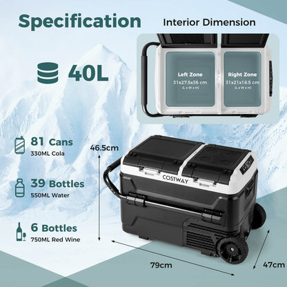 40L Portable Car Refrigerator Dual Zone 12V Compressor Fridge Freezer-Black