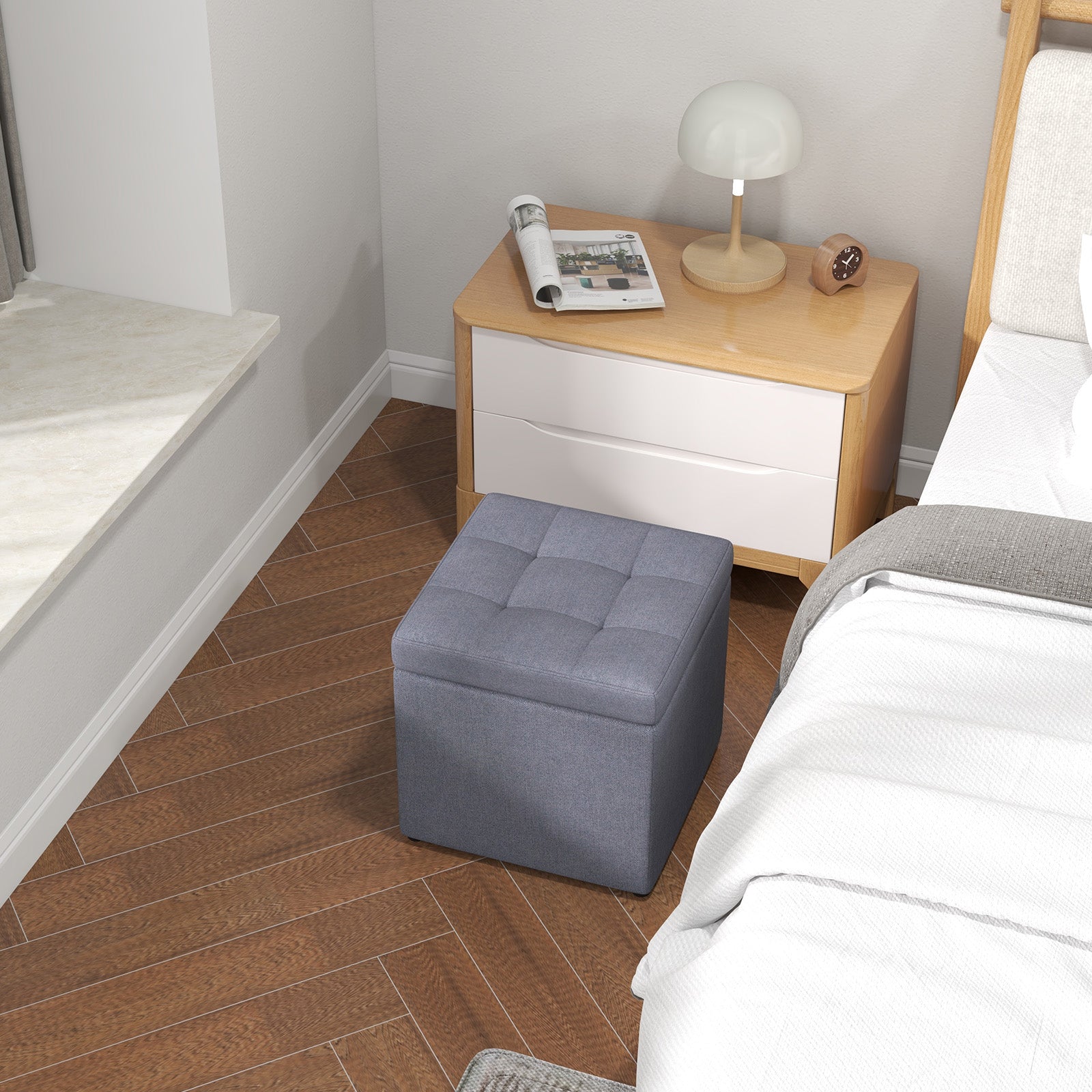 40 cm Square Storage Ottoman Linen Fabric Footstool with Lid-Grey