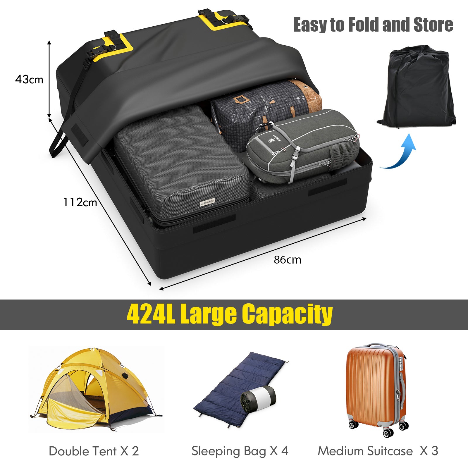 424L Car Roof Bag with Drawstring Storage Bag for Various Cars-Black