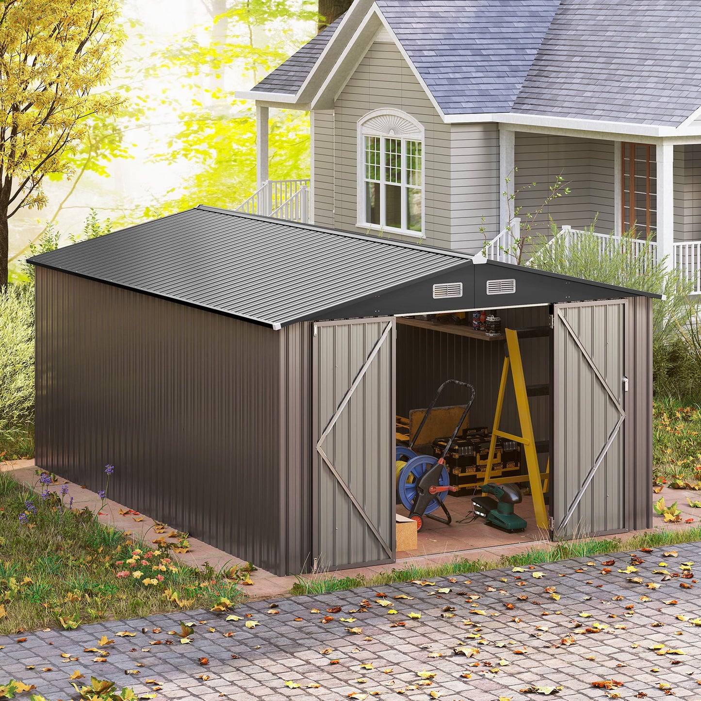 426 cm x 300 cm Outdoor Storage Shed Large Garden Tool House-Grey