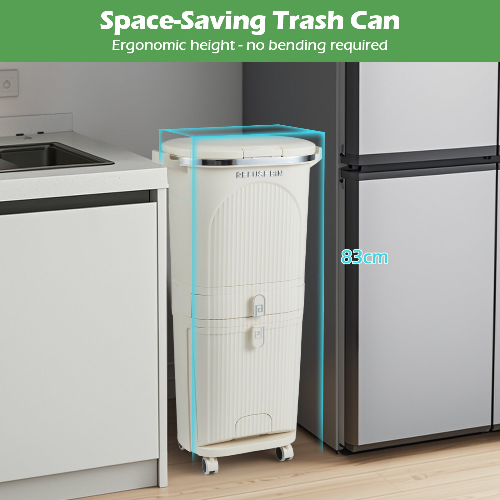 42L Kitchen Trash Can with Lid and 2 Detachable Buckets-Beige