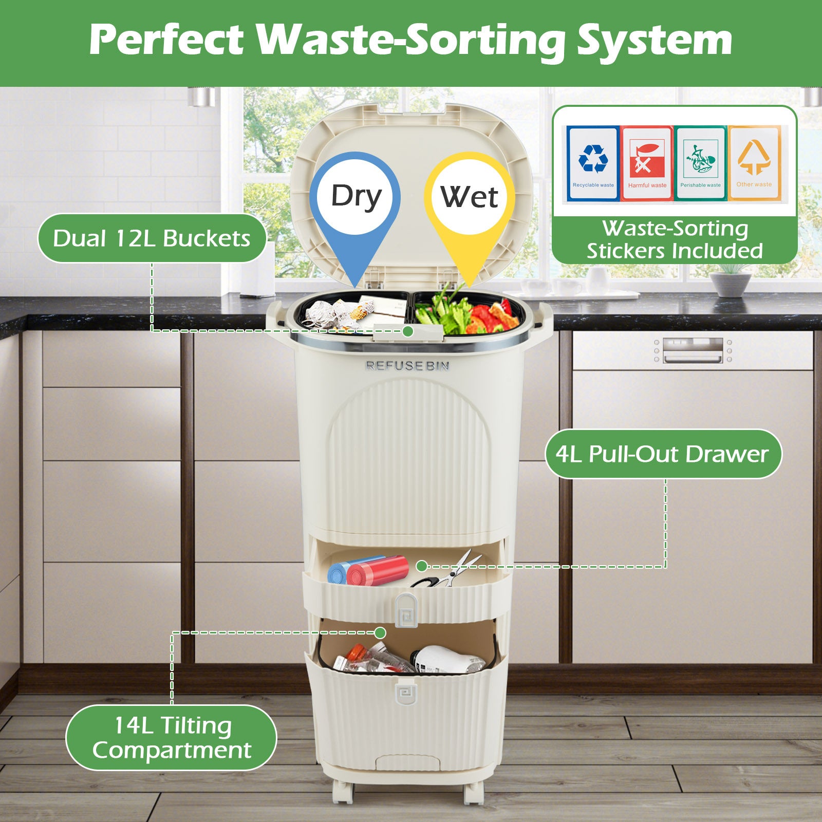 42L Kitchen Trash Can with Lid and 2 Detachable Buckets-Beige
