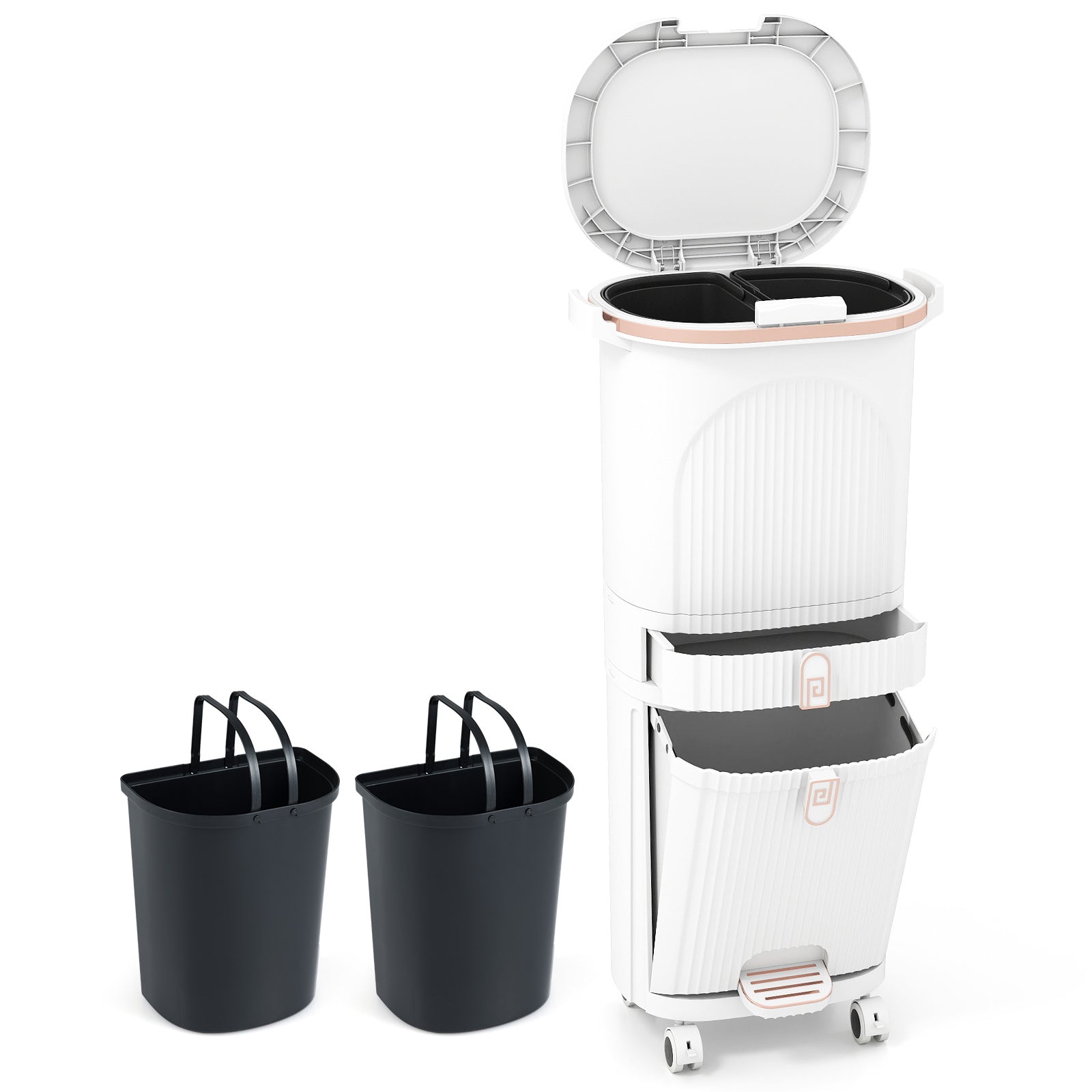 42L Kitchen Trash Can with Lid and 2 Detachable Buckets-White